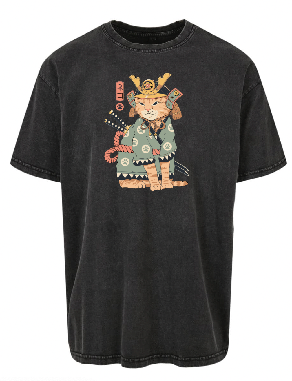 T-shirt Samurai Cat Acid Wash Oversize