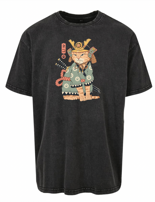 T-shirt Samurai Cat Acid Wash Oversize
